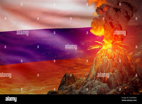 High Volcano Blast Eruption At Night With Explosion On Russia Flag
