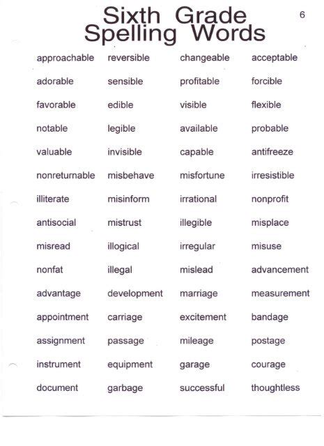 Sixth Grade Vocabulary Words