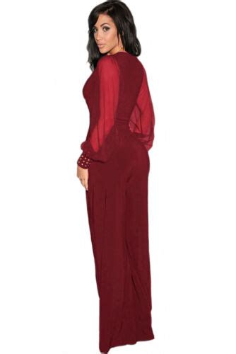 embellished cuffs long mesh sleeves jumpsuit dress wine medium ebay