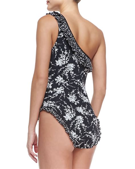 Michael Kors Collection Ruffle Trim Floral Print One Piece Swimsuit