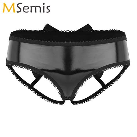 Womens Lace Edge Latex Briefs Erotic Open Butt Crotchless G String