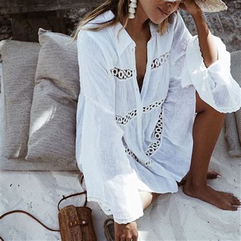 Women Hot Sexy Beachwear Cover Ups White Hollow Out Flared Long Sleeve