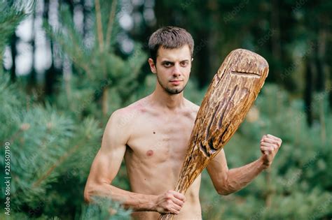 Odd Primitive Naked Man With Huge Wooden Stick Hunting In Forest Adult Male Have Fun Like Crazy