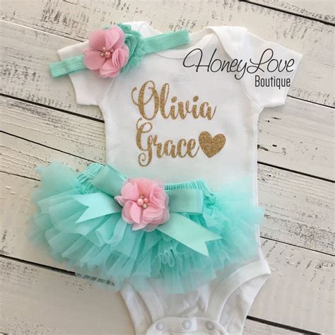 Personalized Name Outfit Mintaqua And Gold Glitter Light Pink