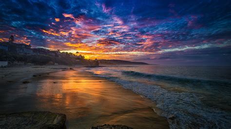 Download Wallpaper 1920x1080 Beach Sunset Sea Sky Clouds Full Hd