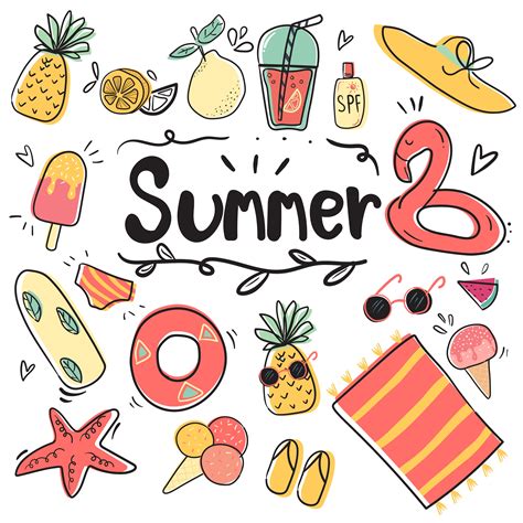 hand draw cute doodle icon summer collection flat vector illustration ...