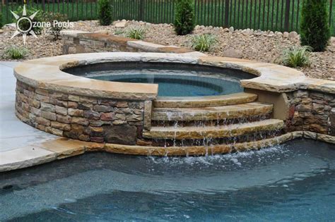Stacked Stone Spillway Spa Stair Step Design Backyard Pool