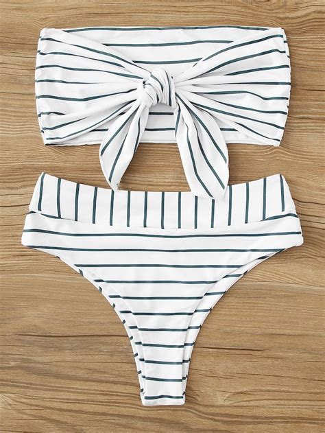 Striped Tie Front Bandeau High Waisted Bikini Swimsuit High Waisted