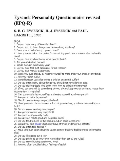 Eysenck Personality Questionnaire Revised Epq R Pdf Extraversion