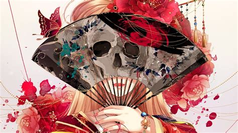 Skull Fan Anime Girl Kimono 4k 118 Wallpaper