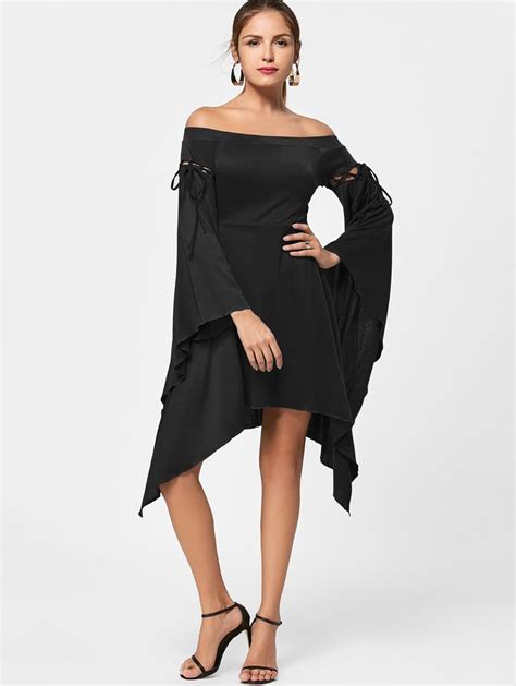 Flare Sleeve Off Shoulder Asymmetric Dress Flare Sleeve Dress Long Sleeve Dress Online Lace