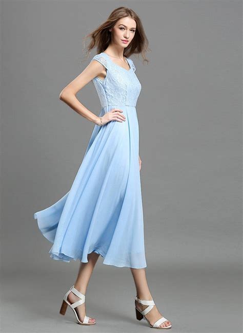 Light Blue Lace Chiffon Midi Dress With Sweetheart Neck And Layered Cap Sleeves Md4 Midi