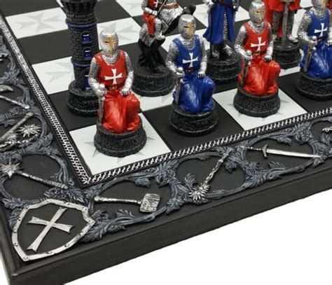 Medieval Times Crusades Blue And Red Armored Maltese Knights Chess Set W