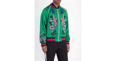 Gucci Dragon Embroidered Silk Bomber Jacket In Green For Men Lyst