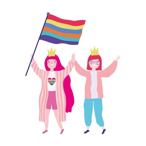 Pride Parade Lgbt Community Celebrating Two Women With Crown And Flag Rainbow 1830536 Vector