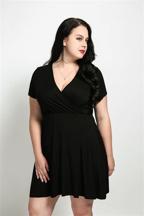 Womens Sexy V Neck Short Sleeve Plus Size A Line Dress Solid Black