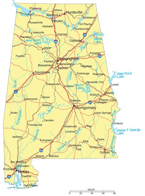 Large Detailed Road Map Of Alabama With Cities Vidiani Com Maps Of All Countries In One Place