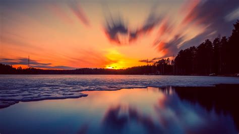 Wallpaper Sunset Lake Ice Evening Sky