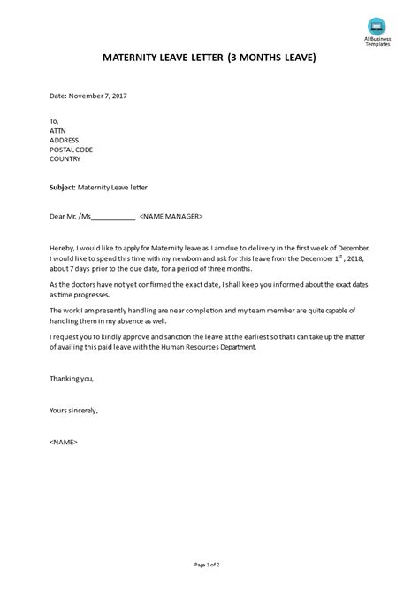 Join work in the middle of the week: Maternity Leave Letter | Templates at allbusinesstemplates.com