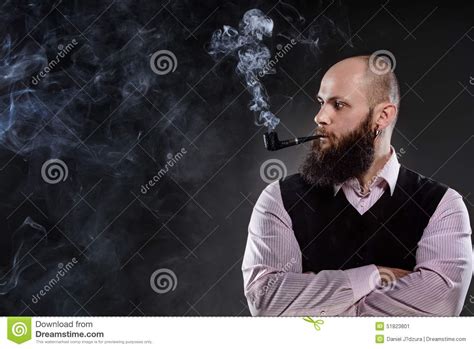 Bald Bearded Man Smoking A Pipe Stock Image Image Of Jacket Male 51823801