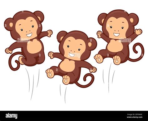 Illustration Of Three Monkey Mascots Smiling And Jumping Together Stock