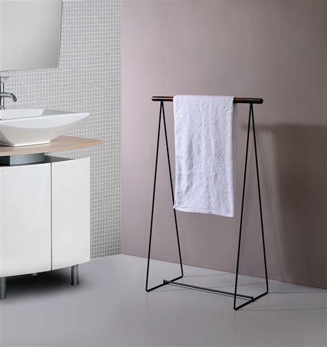 Tinley Freestanding Bathroom Towel Rack Stand Walnut Wood And Black