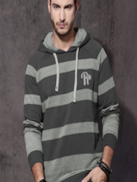 Buy Roadster Men Grey Striped Hooded Sweatshirt Sweatshirts For Men