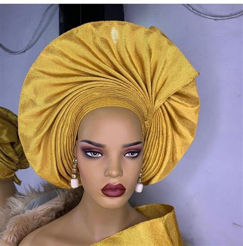 Gold Asooke Autogele For African Women African Gele For Weddings Nigerian Pre Styled Headtie