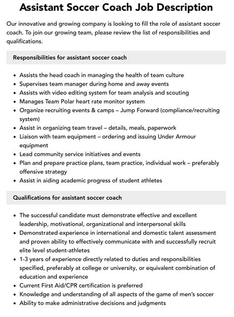 Assistant Soccer Coach Job Description Velvet Jobs