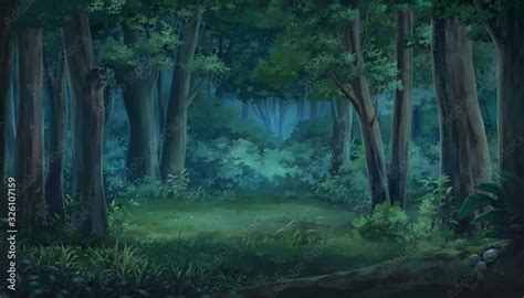 Light And Forest Night Anime Background Illustration Stock