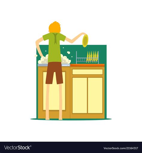 Henpecked Man Husband Washing The Dishes Vector Image