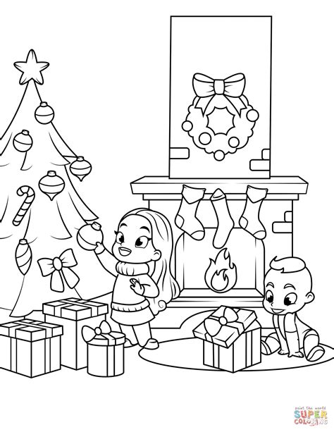 Kids Near The Fireplace And Christmas Tree Coloring Page Free