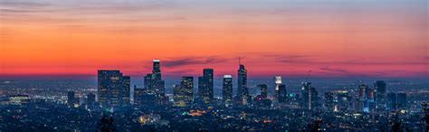 Panoramic View Of Los Angeles Skyline At Dawn Stock Photo Download