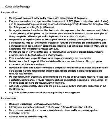 Top duties and qualifications a senior project manager, or project director, is responsible for overseeing the planning and implementation of an entire project through budgeting, hiring team members, sourcing suppliers and planning the project release. FREE 14+ Construction Job Description Samples in MS Word | PDF