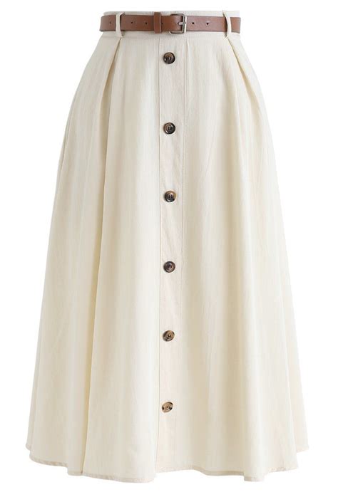 Buttoned Belted A Line Midi Skirt In Cream Midi Skirt Skirts Fashion