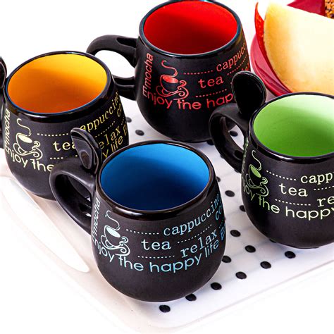 Set Of 4 Ceramic Coffee Latte Cups Mugs With Spoons Barrel Design Nitaar