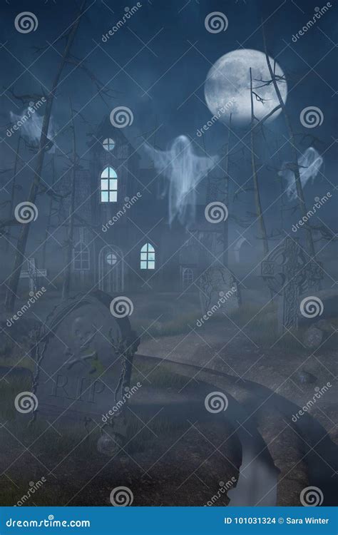 Cabin And A Graveyard In A Spooky Forest At Night Stock Illustration