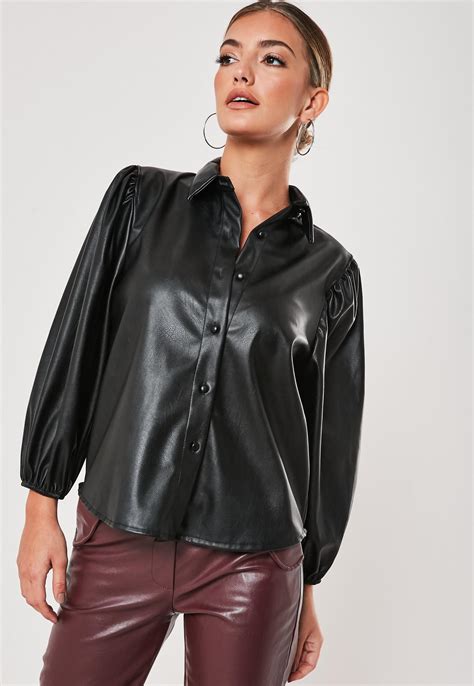 Black Faux Leather Puff Sleeve Shirt | Missguided