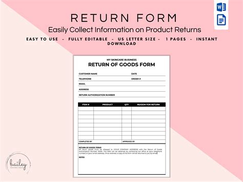Return Of Goods Form Return Form Merchandise Return Form Etsy