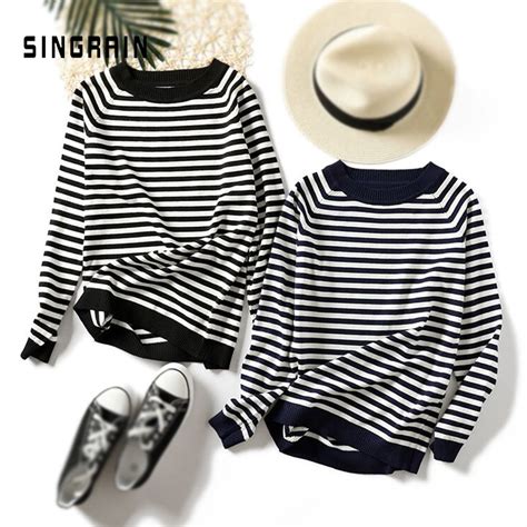 singrain women knitted sweaters striped pullovers long sleeves basic sweaters loose warm tricot