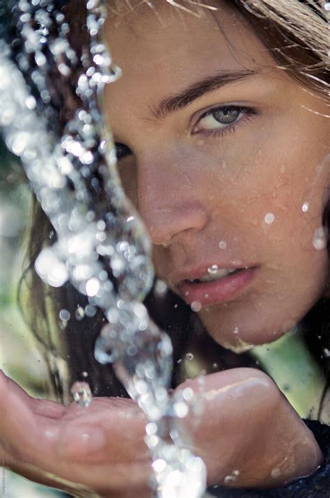 Portrait Of Beautiful Brunette Girl Drinking Spring Water By Marija Anicic