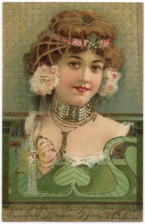 Bejewelled Art Nouveau Beauty In Green And Gold Antique Embossed European Postcard Art Nouveau