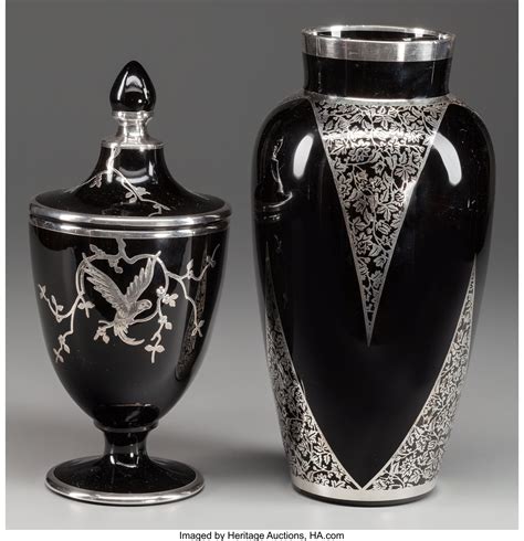 Black Glass Vase With Silver Overlay Glass Designs