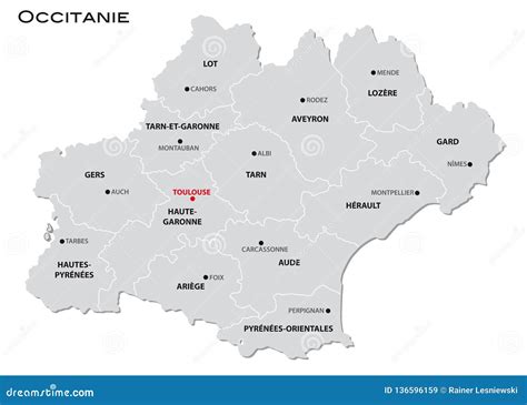 Simple Gray Administrative Map Of The New French Region Occitanie Stock