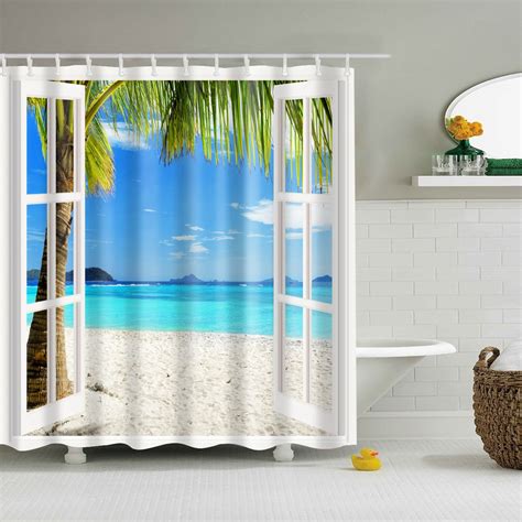 Waterproof Polyester Fabric Bathroom Shower Curtain Beach Scenery