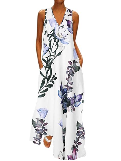 Womens V Neck Boho Floral Sleeveless Maxi Dress Plus Size Summer