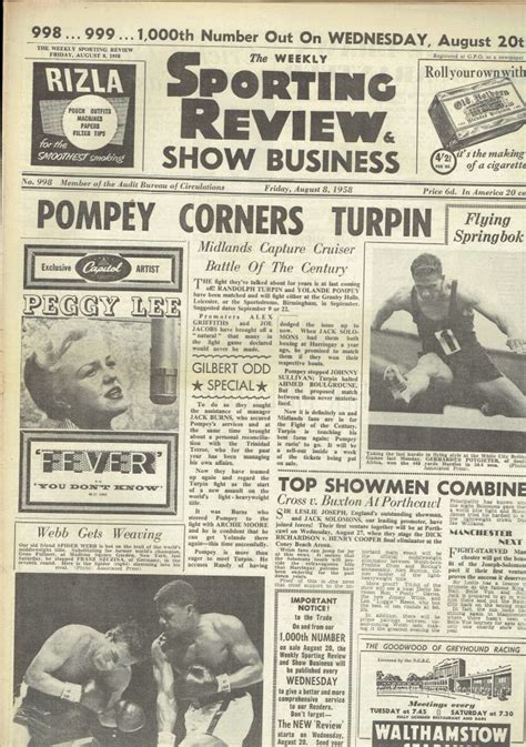 The Weekly Sporting Review Uk Paper August 8th 1958 Randolph Turpin