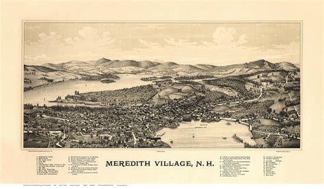 Meredith Village New Hampshire 1889 Birds Eye View Old Map Reprint