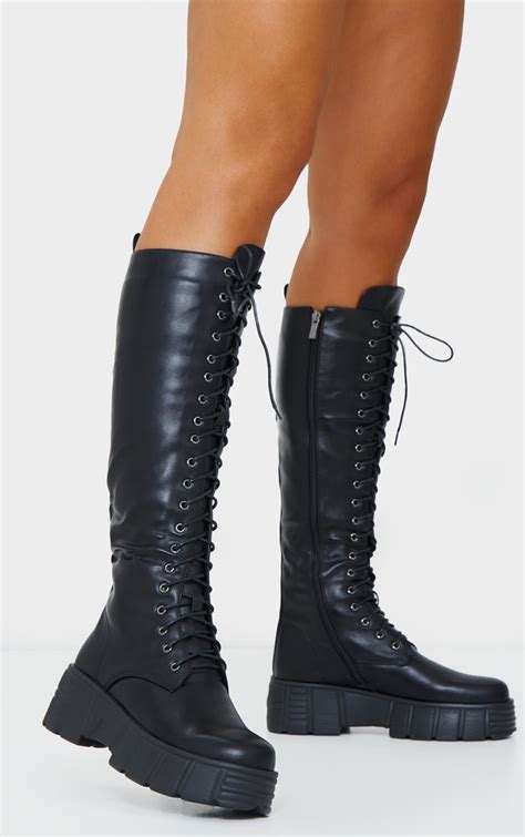 Black Knee High Lace Up Chunky Boots Prettylittlething Ca