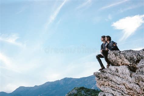 Happy Man Women Sit Down Rock Mountain Montenegro F Stock Photos Free